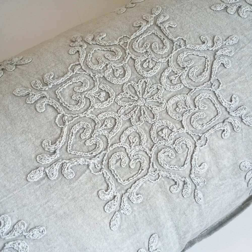 Gorgeous Muted Blue Grey Denim Batik Floral Style Long Bolster Pillow 16